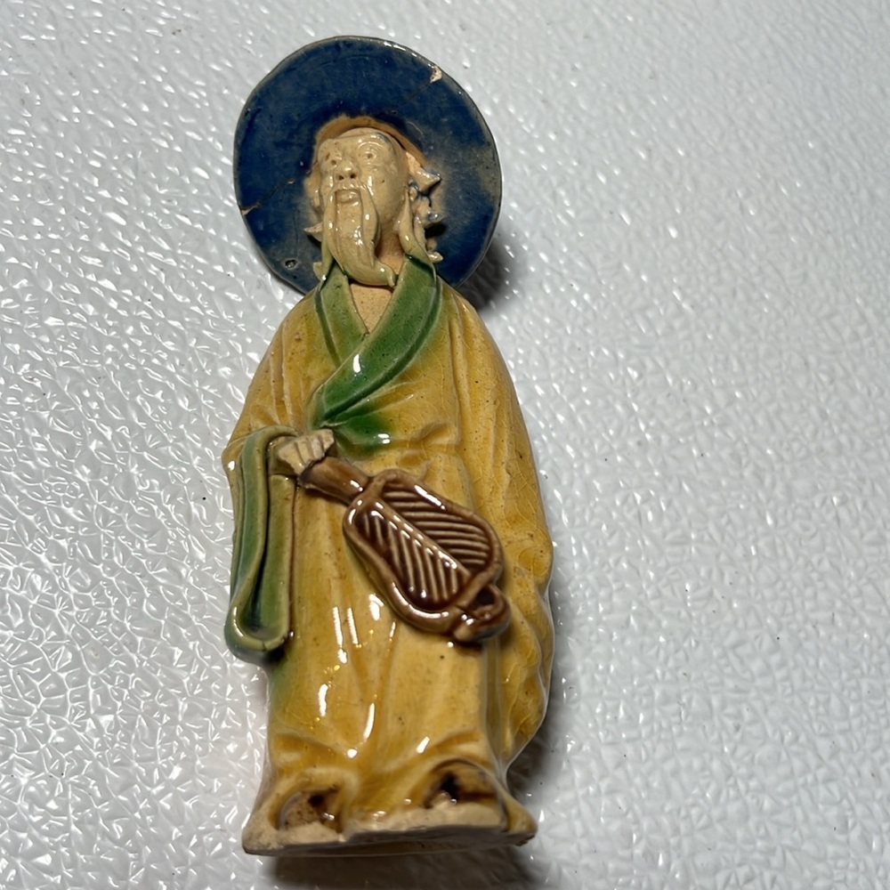 RARE Antique 1890-1919  Shiwan Chinese Mudman with Fan Pottery Figurine Statue